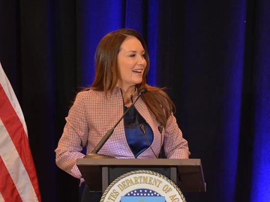 Agriculture Secretary Brooke Rollins speaking Friday at the USDA Agricultural Outlook Forum. Rollins announced USDA would be opening up a request for information on how USDA could better its statistical collection and reporting process for crop and livestock reports. (DTN photo by Chris Clayton)