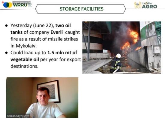 Roman Grynshyn, speaking to DTN via Zoom on Thursday, shows images from a vegetable oil export terminal that was struck by Russian missiles earlier this week at one of Ukraine&#039;s key ports, Mykolaiv. Grynshyn has been documenting Russian attacks of Ukrainian agriculture that have limited the country&#039;s ability to export. (DTN image from slide presentation)