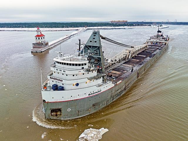 The 639-foot laker, the Saginaw, leaving the Twin Ports after making one last run scheduled between the BNSF iron ore dock in Superior, Wisconsin, and the Algoma Steel facility in Sault Ste. Marie, Ontario. (Photo courtesy of Schauer Photo Images in Duluth, Minnesota)