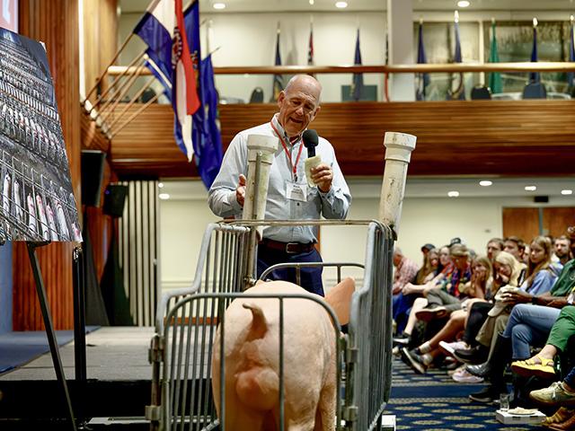 Brent Hershey, a 3,000-sow Pennsylvania farmer, speaking out against the Save Our Bacon Act at an event in Washington, D.C. The provision, which was included in the House version of farm bill, is now the subject of an aggressive ad campaign from both sides. (Photo provided to DTN)