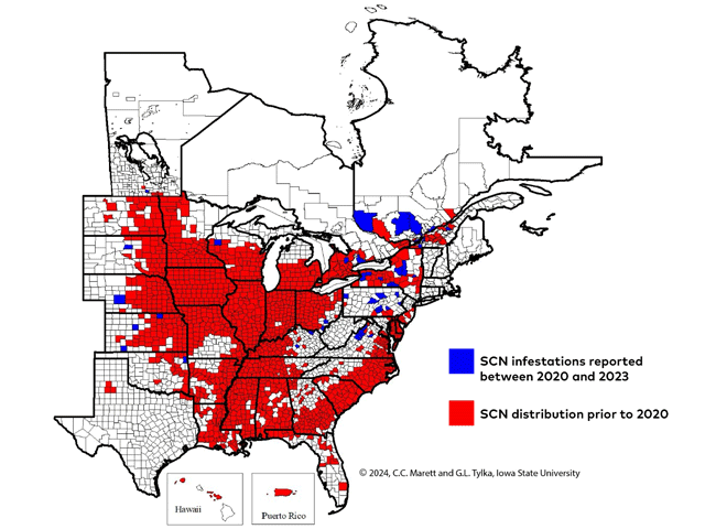 The map shows the known distribution of SCN in the United States and Canada. Those counties and rural municipalities first reported as infested between 2020 and 2023 are shown in blue; those known as infested before 2020 are indicated in red. (Photo by Iowa State University/G.L. Tylka and C.C. Marett)
