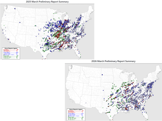 Severe storm reports, including tornadoes, damaging winds, and large hail, were widespread across the eastern half of the U.S. in both March 2025 and 2026. (Storm Prediction Center graphics)
