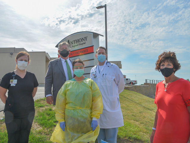As COVID-19 began to spread in other parts of the world earlier this year, staff at St. Anthony Regional Hospital in Carroll, Iowa, prepared. Pictured from left: Bailee Schleisman, registered nurse and infection preventionist at St. Anthony; CEO Ed Smith; Sara Roth, registered nurse and director of the emergency department and critical care unit at St. Anthony; Chief Medical Officer Dr. Kyle Ulveling; and Trish Roberts, St. Anthony Foundation development director. (DTN photo by Chris Clayton)