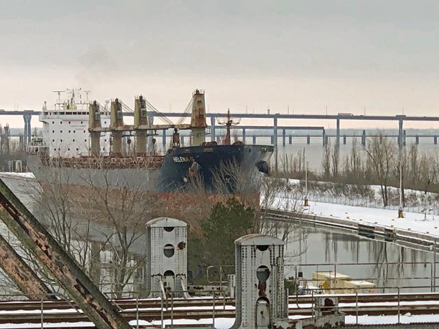 The Helena G approaching St Lambert lock on her downbound voyage on Dec. 31, 2021. She was the last ship of the 2021 commercial navigation season to have transited the Montreal-Lake Ontario section of the Seaway. (Photo courtesy St. Lawrence Seaway Management Corporation)