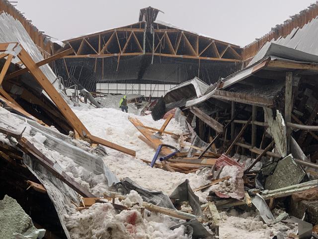 The combination of wind and snow recently led to a barn collapse at Insight Dairy near Little Falls, New York. (Photo provided by Jess Hula-Fredericks)