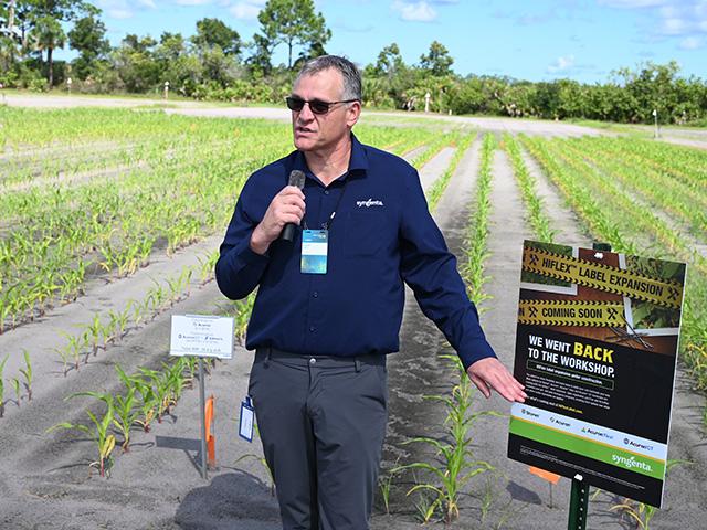 Mark Kitt, corn herbicides technical product lead with Syngenta, discussed HiFlex label expansion testing at the company's Vero Beach Research Center in Florida on Tuesday, Oct. 13, during its biennial media summit. (DTN photo by Matthew Wilde)