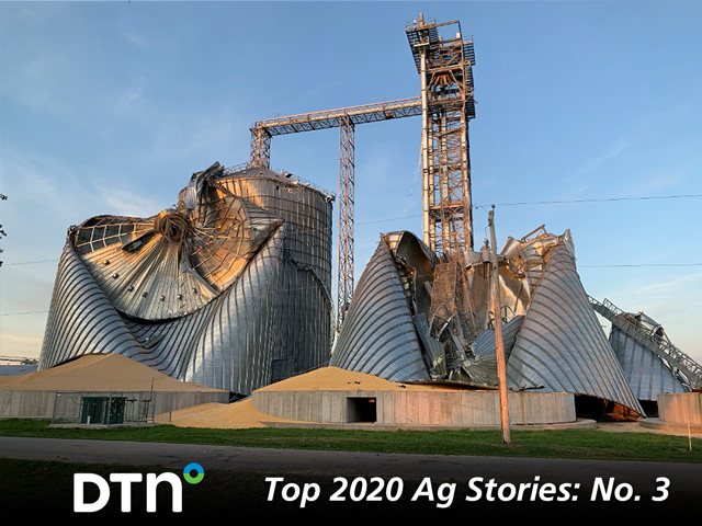 A ripped-apart grain storage setup in Luther, Iowa, illustrates the estimated $7.5 billion in damage caused by a derecho windstorm Aug. 10, 2020. (DTN photo by Todd Hultman)