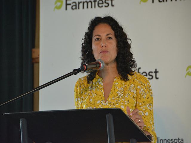 Agriculture Deputy Secretary Xochitl Torres Small speaking at Minnesota's Farmfest last month. Torres Small is in Brazil for a G20 agricultural minister's meeting and bilateral talks with Brazilian officials. (DTN photo by Chris Clayton)