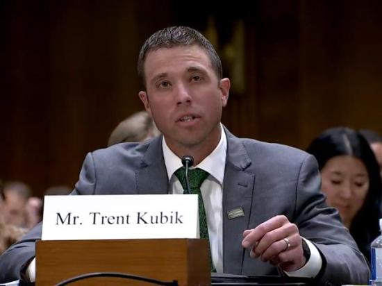 Trent Kubik, president of the South Dakota Corn Growers Association, speaks about price transparency with fertilizer markets during a Senate Agriculture Committee hearing on Tuesday. Several senators brought up the need for USDA to create a mandatory price-reporting program for fertilizer markets. (Image from U.S. Senate livestream)