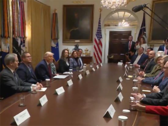 President Donald Trump, with Treasury Secretary Scott Bessent and Agriculture Secretary Brooke Rollins, announced some details of a $12 billion aid package for farmers during a roundtable event Monday afternoon at the White House. Trump had an Iowa corn, soybean and cattle farmer on one side of him and a Louisiana rice grower on the other. (Screenshot from White House livestream)