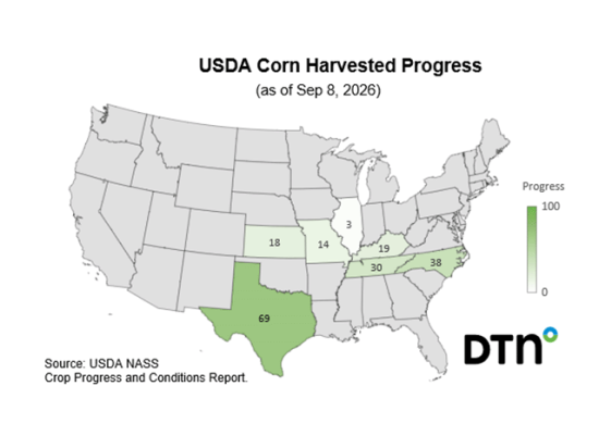 This map shows corn harvest progress by state. USDA NASS estimates that 5% of corn has been harvested nationally as of Sept. 6, 1 percentage point ahead of last year's 4% and 2 points ahead of the five-year average of 3%. (DTN map by Kathy Myers)