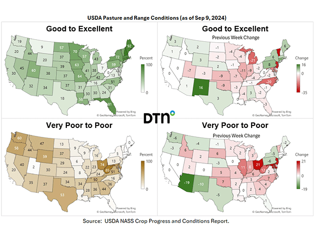 Changes in pasture and range conditions from latest USDA Crop Progress data. Click on image to enlarge maps. (DTN graphics by Kathy Myers)