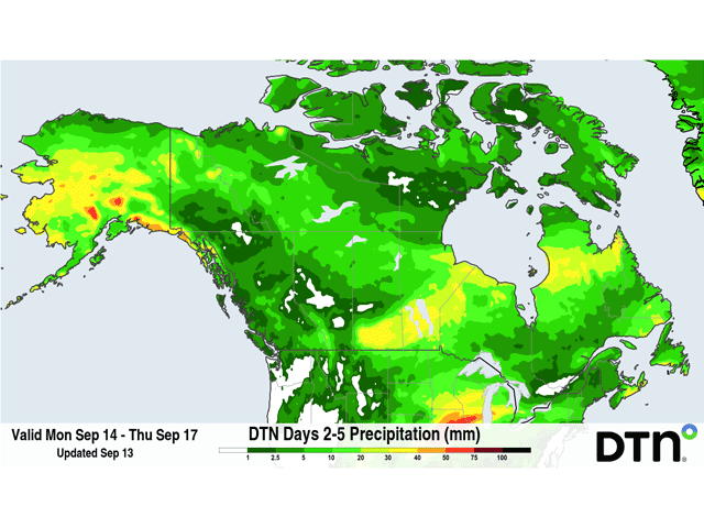 Areas of heavy rainfall are forecast for several parts of the Canadian Prairies over the next week. (DTN graphic)