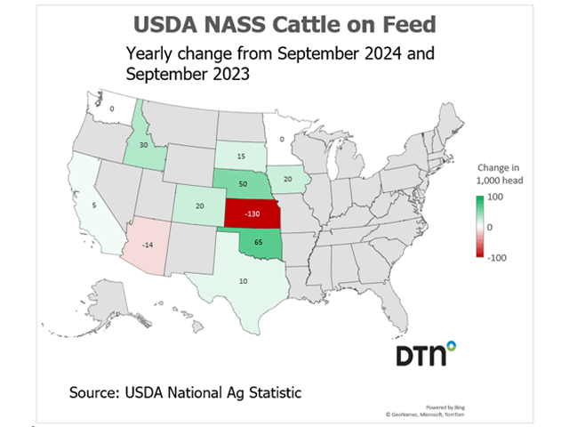 Cattle and calves on feed for the slaughter market in the United States for feedlots with capacity of 1,000 or more head totaled 11.2 million head on Sept. 1, 1% above a year ago, USDA NASS reported on Friday. (DTN graphic)