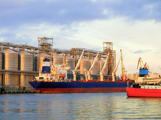 A bulk carrier ship carries grain in a river port for elevator trade. (Getty Images photo by Olivia Sabeskaya)