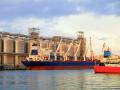 A bulk carrier ship carries grain in a river port for elevator trade. (Getty Images photo by Olivia Sabeskaya)