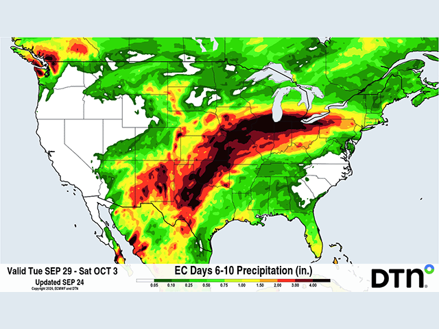 The European ECMWF model is grabbing on to extremely heavy rain for the South-Central U.S. next week. Some models, including this run of the ECMWF, have this system continuing through the Ohio Valley with more heavy rain later in the week. (DTN graphic)