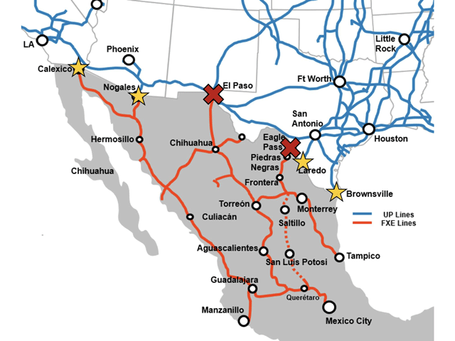 A map from Union Pacific Railroad shows the border crossings at the Texas cities of El Paso and Eagles Pass that were closed for five days. U.S. Customs and Border Protection on Friday announced the rail lines were reopened. (Map courtesy of Union Pacific) 