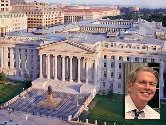 Scott Bessent, president-elect Donald Trump&#039;s nominee for Treasury secretary, detailed in a financial report that he will sell farmland he owns in North Dakota if confirmed. Bessent is founder of the Key Square Capital hedge fund. (Photo of U.S. Treasury building, and photo of Bessent from Sen. Tim Scott&#039;s Instagram page) 