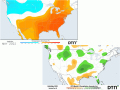 Averages for the month of May contend that it will be colder than normal across the Northern Plains back through the Canadian Prairies and Pacific Northwest (top), while the active pattern should keep it wetter for much of the country outside of the southeastern Plains and Southeast (bottom). (DTN graphics)