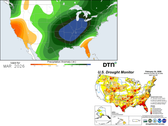 Although drought seems to be entrenched across much of the Central and Southern U.S., the forecast for March is favorable for major reductions. (USDA/NOAA and DTN graphics)