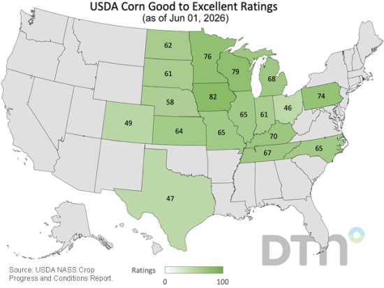 This map shows corn condition ratings by state, according to USDA NASS estimates released Monday. (DTN graphic by Kathy Myers)