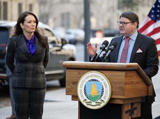 U.S. Secretary of Agriculture Brooke Rollins and Deputy Secretary Stephen Vaden speak at a relocation announcement in February 2026, discussing their plans to relocate employees for the South Building in Washington, D.C. (Photo courtesy of USDA)