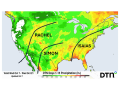 Three current (Rachel) or forecast (Isaias and Simon) hurricanes will bring widespread rainfall to the U.S. over the next 10 days as predicted by the most recent run of the ECMWF model. Black lines are approximate tracks of each hurricane and remnant low-pressure center and are subject to change. (DTN graphic)