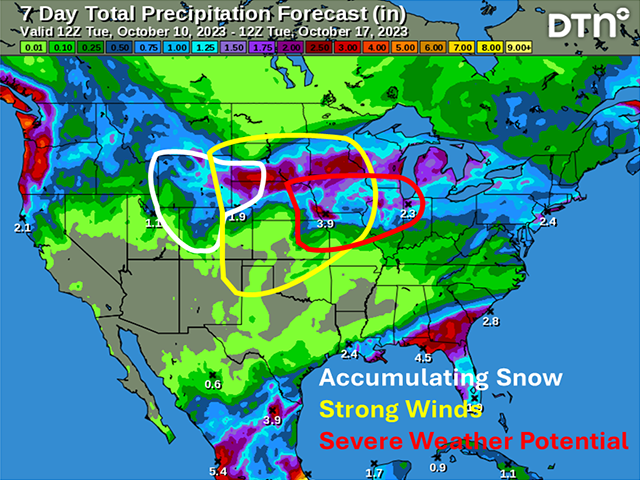 Myriad impacts are expected with the storm system moving through over the next few days including heavy rain and flooding, strong winds, severe weather and potential snow. (DTN graphic)