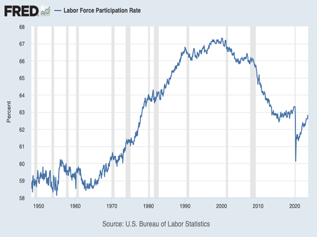 The labor force participation rate has been declining for two decades. And Americans aren't producing enough children to replace themselves. Without immigration, the result could be perennial labor shortages. (Graphic by fred.stlouisfed.org)