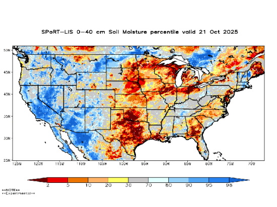 Soil moisture across the Mississippi River Basin, which includes the Ohio and Missouri Rivers, showcase levels that are in some cases extremely low. (NASA graphic)