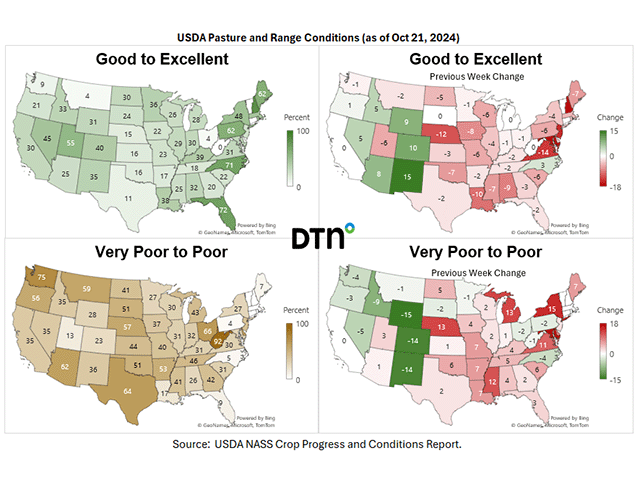 Changes in pasture and range conditions from latest USDA Crop Progress data. (DTN graphics by Kathy Myers)
