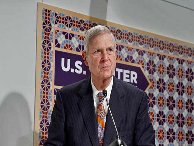 Agriculture Secretary Tom Vilsack speaking at a U.S. forum during the United Nations climate talks, COP 29, in Baku, Azerbaijan, last week. In an interview with DTN, Vilsack said it&#039;s important for both trade and opportunity in carbon markets that agriculture remains focused on climate-smart practices. (Photo courtesy of USDA) 