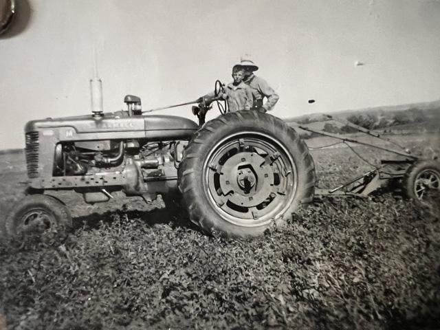 Russ Quinn&#039;s grandpa, John B. "Jack" Quinn, and Jack&#039;s son (Russ&#039; uncle), James V. Quinn, were photographed in spring 1951 on Russ&#039; grandma&#039;s 1945 Farmall M, plowing the family farm east of Elkhorn, Nebraska. Among the vintage iron Russ would like in his shed is this long-lost tractor. (Photo courtesy of Russ Quinn)