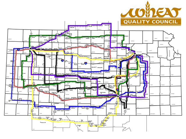 This week, participants in the 67th Annual Hard Winter Wheat Tour will travel six predetermined routes across Kansas, with jaunts into Nebraska and Oklahoma, stopping to assess the wheat crop every 10 to 15 miles. (Map courtesy of Wheat Quality Council)