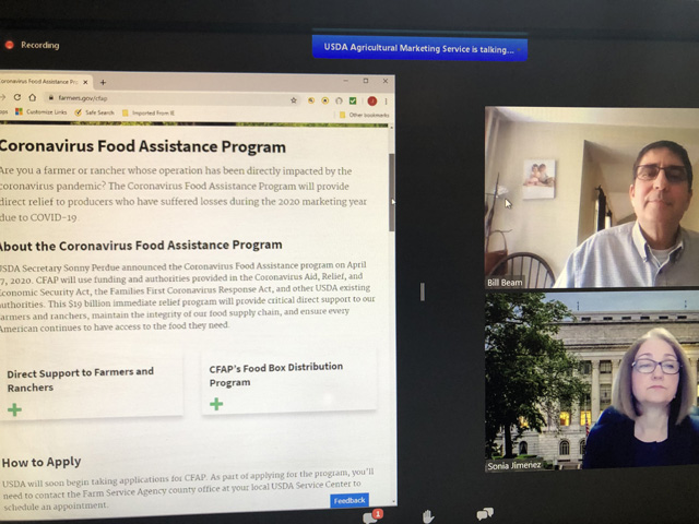 Bill Beam (top right), FSA&#039;s deputy administrator for Farm Programs, and Sonia Jimenez, deputy director of the Agricultural Marketing Service for Specialty Crops, provided a few details to producers about a coronavirus aid program and paperwork needed from farmers or livestock producers who do not already participate in USDA programs. The sign-up date for aid has not been set. (DTN photo from USDA webinar)