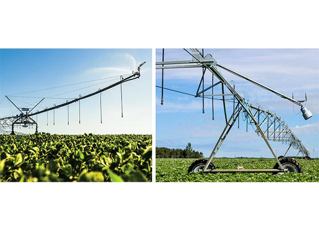 Valley Irrigation EnCompass on left uses GPS and field maps to vary flow of corner system nozzles while the company&#039;s Insights system on right uses pivot based cameras to identify problems in fields. (Supplied by Valley Irrigation)