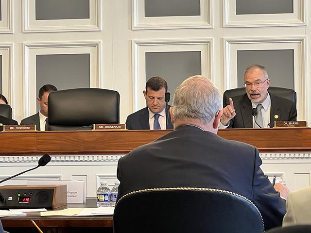 Rep. Andy Harris, R-Maryland, speaks to Agriculture Secretary Tom Vilsack during an House appropriations hearing on Thursday. Harris raised concerns at the hearing over how Vilsack uses the Commodity Credit Corp. fund.  (DTN photo by Chris Clayton) 