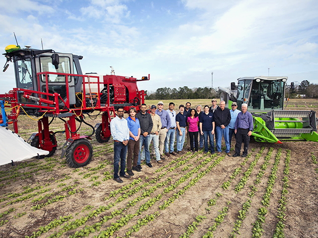 Members of the Agronomy and Plant Pathology team at the North Florida Research and Education Center of the University of Florida. The PhenoGator is a multipurpose vehicle that uses sensors in combination with highly accurate GPS technology to collect data that is analyzed using artificial intelligence methods to assess plant traits and disease symptoms. (Progressive Farmer image is a UF IFAS photo by Tyler Jones)