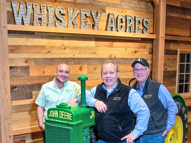 (From left) Nick Nagle, Jamie Walter and Jim Walter, Whiskey Acres. The hand sanitizer project is important to employees who want to help out during the pandemic. (Progressive Farmer image by Roger Kyler)
