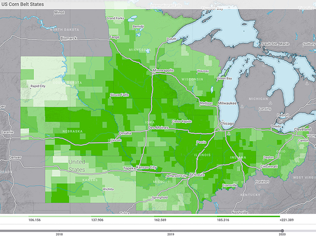 The darker the green shading, the higher the corn-yield estimates. This map is from the 2020 Digital Yield Tour. (DTN File Photo)