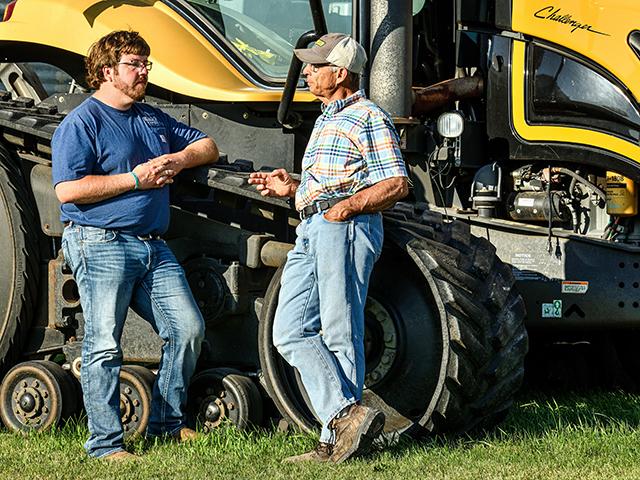 From first generation to retiring, James Hepp (left) and Keith Sexton talk about the ongoing farming transition between their families. (Jim Patrico)