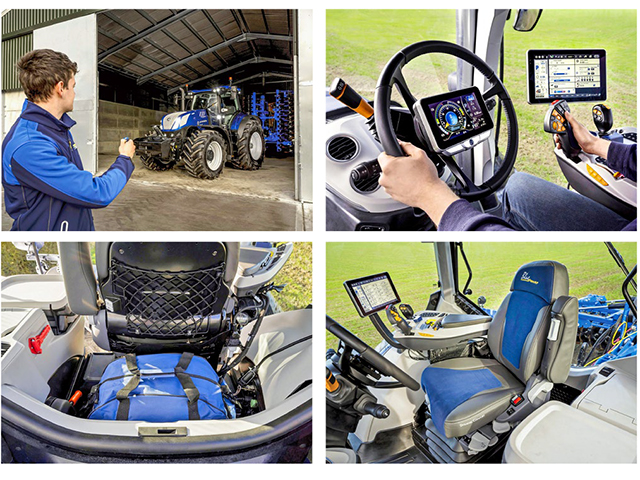 Top Left: New Holland&#039;s new T7 HD tractor. Bottom Left: Large storage compartment behind operator&#039;s seat. Top Right: CentreView display in the steering provides clear line of sight. Bottom Right: Bigger cab provides more floor and passenger space. (Provided by New Holland)