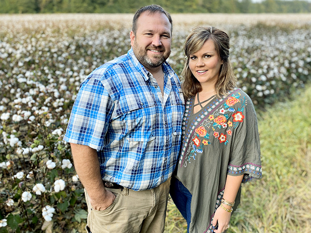 Matthew and Kayla Poe produce corn, soybeans and cotton on 2,000 acres and run a 175-head cow and calf operation near Pontotoc, Mississippi. (Progressive Farmer image by Brent Warren)