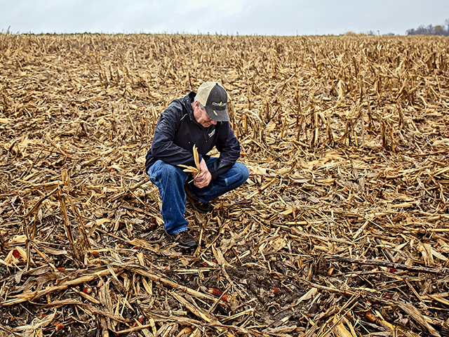 Curt Mether, of Logan, Iowa, checks out corn residue after harvest. He says no-till farming boosts yields and soil health. (Progressive Farmer image by Iowa Corn Growers Association)