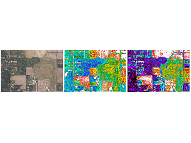 Three views from Brian Sutton&#039;s farm: The first is a regular aerial photo (RGB). The second is known as NDVI and combines information from a regular photo as well as a near-infrared image (NIR). The third is AirScout&#039;s propriety ADVI image, which delineates actual zones within a field with more specificity and is valuable for determining the plantability of a field on bare soil. (Progressive Farmer image by AirScoutâ??andâ??Brian Sutton)