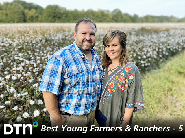 Matthew and Kayla Poe produce corn, soybeans and cotton on 2,000 acres and run a 175-head cow and calf operation near Pontotoc, Mississippi. (DTN/Progressive Farmer photo by Brent Warren)