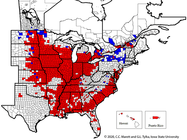 The blue areas on this map indicate where soybean cyst nematode has been detected for the first time. Presence of the pest has already been confirmed in the red areas. (Map courtesy of The SCN Coalition)