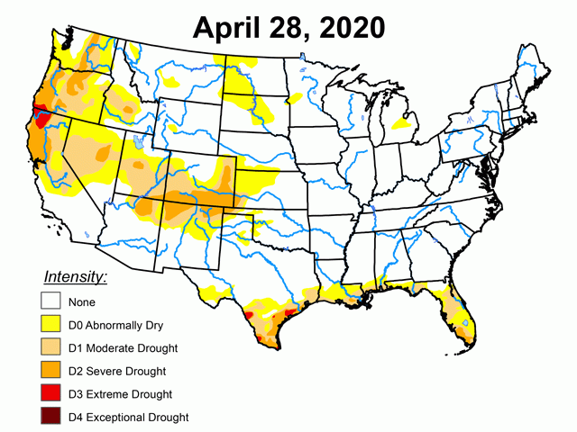 At the end of April, the U.S. Drought Monitor noted abnormal dryness in growing areas of the Northern and Central Plains, with drought deepening in the southwest Plains. (NDMC graphic)