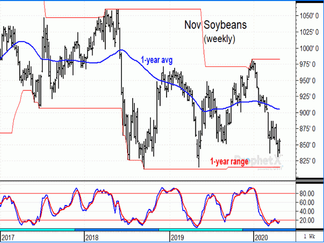 In spite of a bearish market environment, the weekly chart of November 2020 soybeans shows prices have not yet been able to reach the one-year low of $8.15 1/2. The weekly stochastic indicator is close to turning higher, but has not turned bullish yet (DTN ProphetX chart).